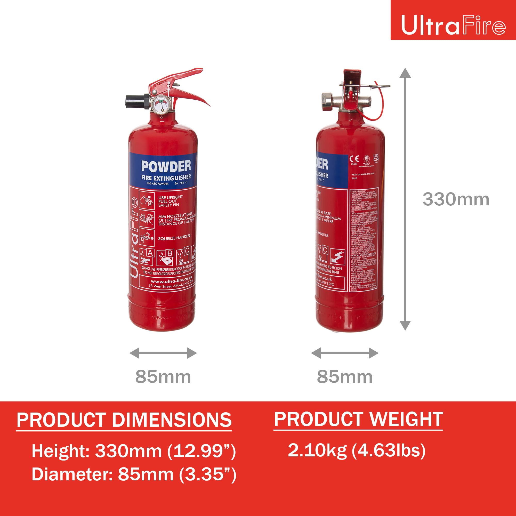 UltraFire 1kg Powder Fire Extinguisher - Car, Taxi, Caravan, Camping, Boat - Kitemarked EN3 — view 2