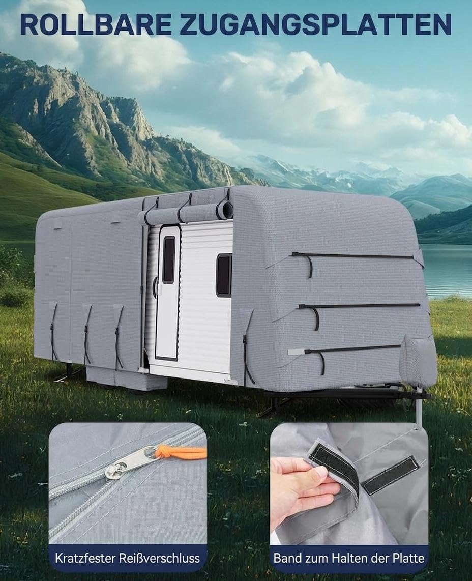 GarveeLife Wohnwagen/Wohnmobil Abdeckplane 4-Lagig 160 g/M² Dach + 3-Lagig 110 g/M² Seiten, Wasserfest, UV-Schutz (UPF 50+), Reißfest, Mit Lüftungsöffnungen, Rollbare Zugangspaneele