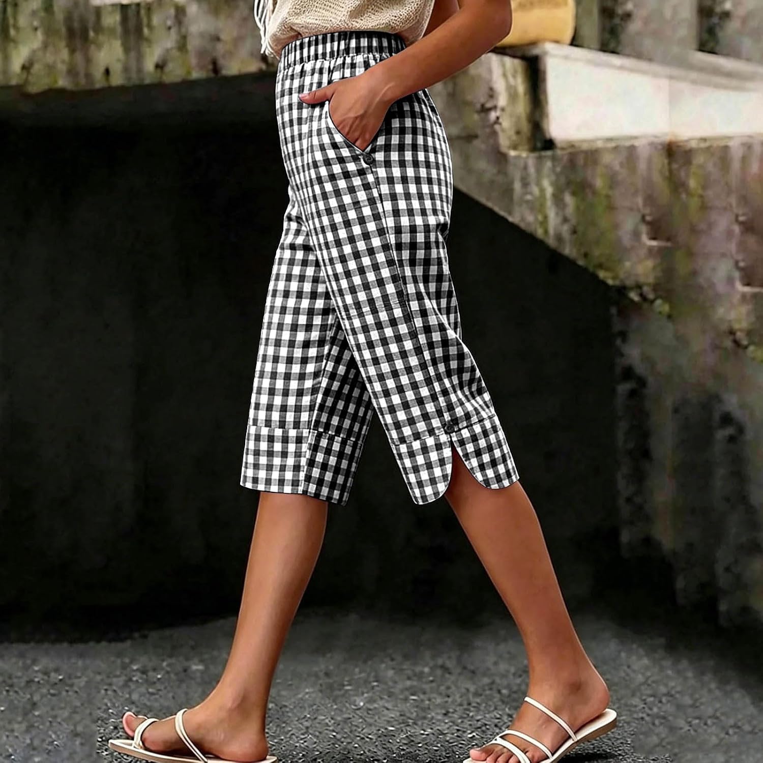 Gingham Capri Pants for Women Loose Fit Straight Leg Drawstring Elastic Waist Cropped Pant Casual Summer Clothes