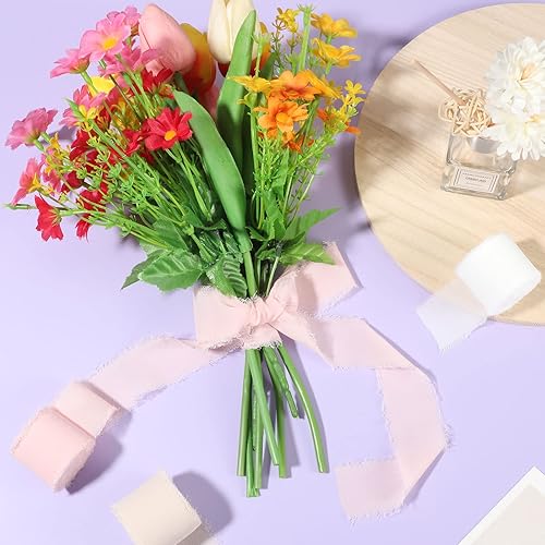 Miniatura 5 de Prudiut Cinta de gasa rosa y crema para envolver regalos, decoraciones de fiesta de boda, envoltura de ramo de flores, 1.5 pulgadas, 8 yardas (4
