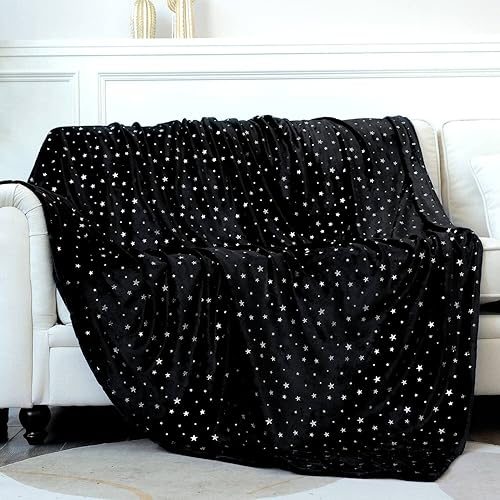 Miniatura 10 de NANPIPER Manta de forro polar con estampado de estrellas, manta mullida de franela súper suave, 50 x 65 pulgadas, color negro