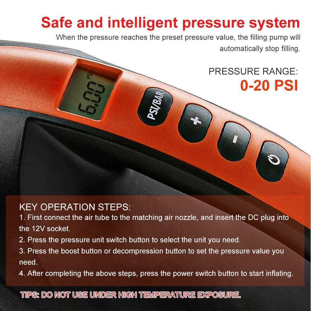 Pompa ad aria elettrica, 20 PSI, pompa elettrica multifunzione, funzione automatica a due stadi, funzione di spegnimento automatico, 12 V, per materassi ad aria, gonfiabili, tenda