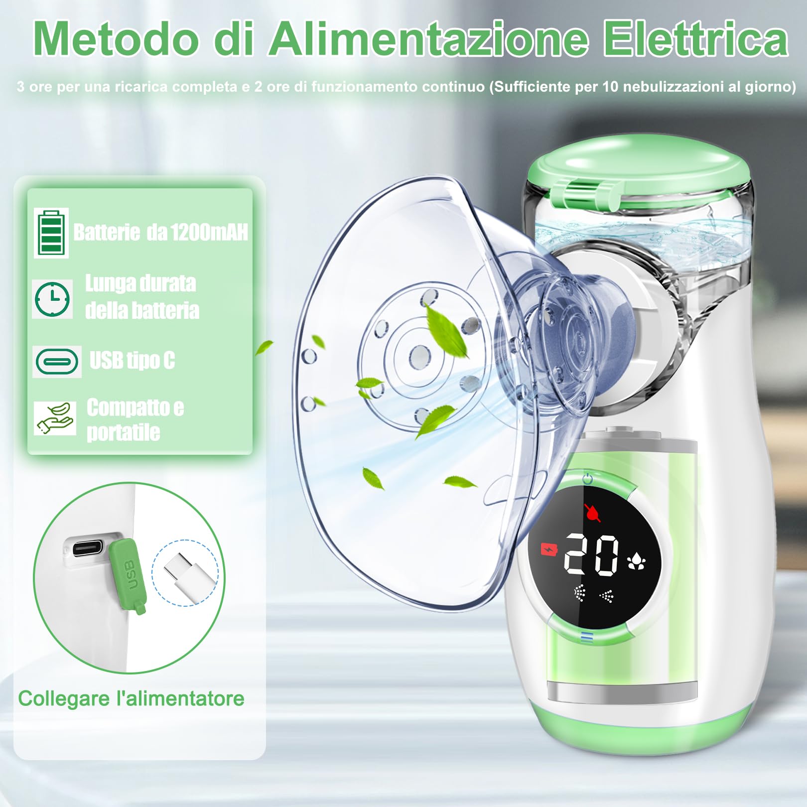 Aerosol Portatile Silenzioso con Digitaler Anzeige, Macchina Aerosol per Adulti Bambini con Boccaglio e Maschera, per Malattie delle Vie Respiratorie Superiori e Inferiori