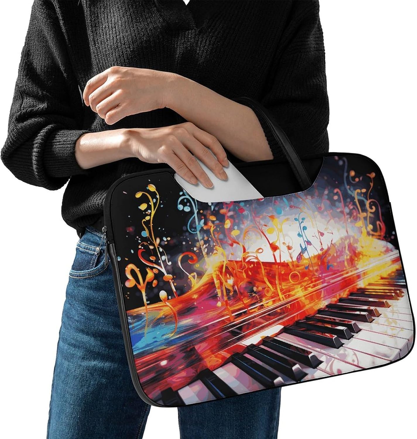 Colorful Piano Keyboard Music Note Laptop Shoulder Bag 17 Inch Waterproof Portable Laptop Case Sleeve Messenger Bag for Women Men, Style