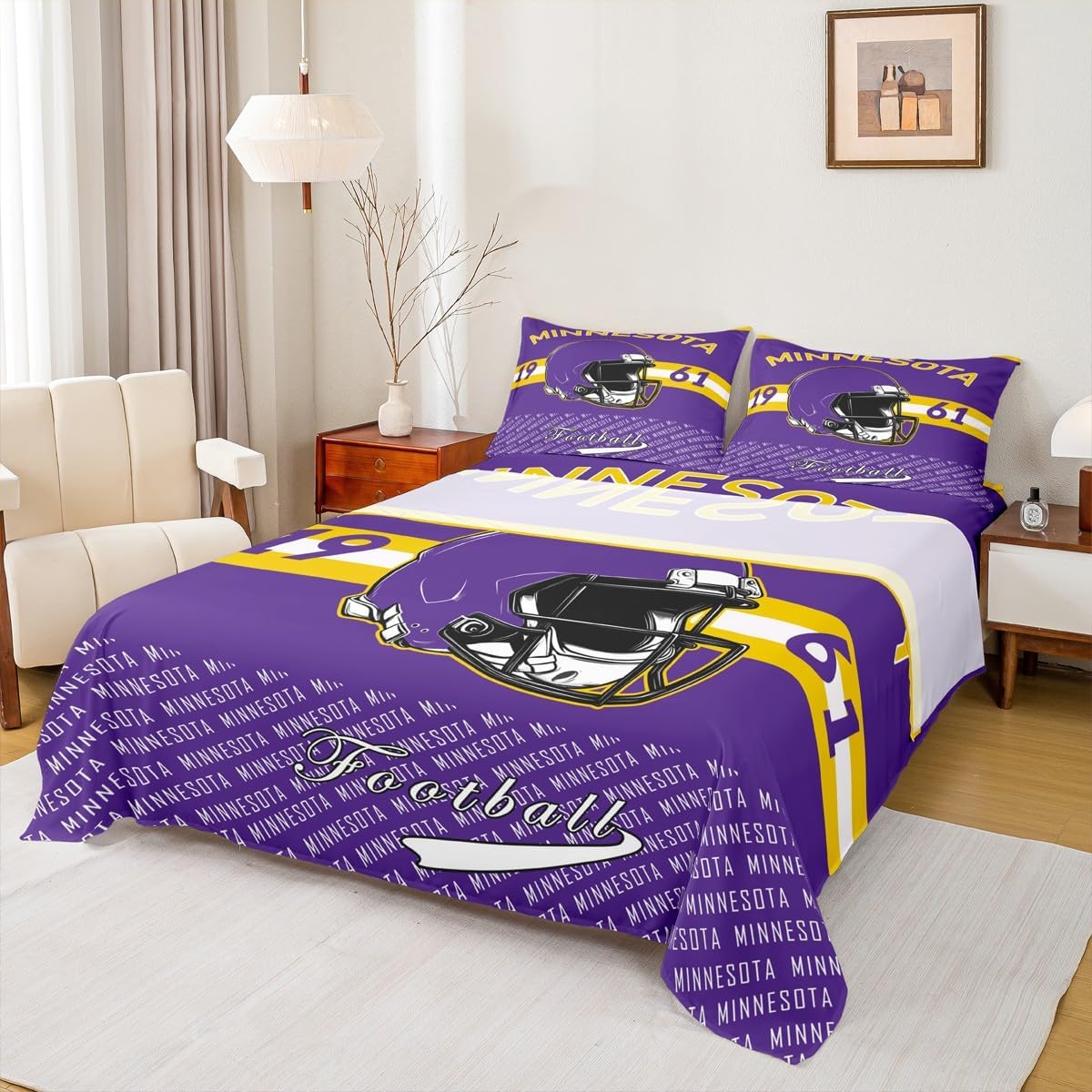 Feelyou Football Bed Sheets Sets Twin Size Kids Boys Girls Minnesota Bedding Set Football City Bed Sheet Set with 16-Inch Deep Pockets Sports Games 3Pcs with 1 Pillow Cases