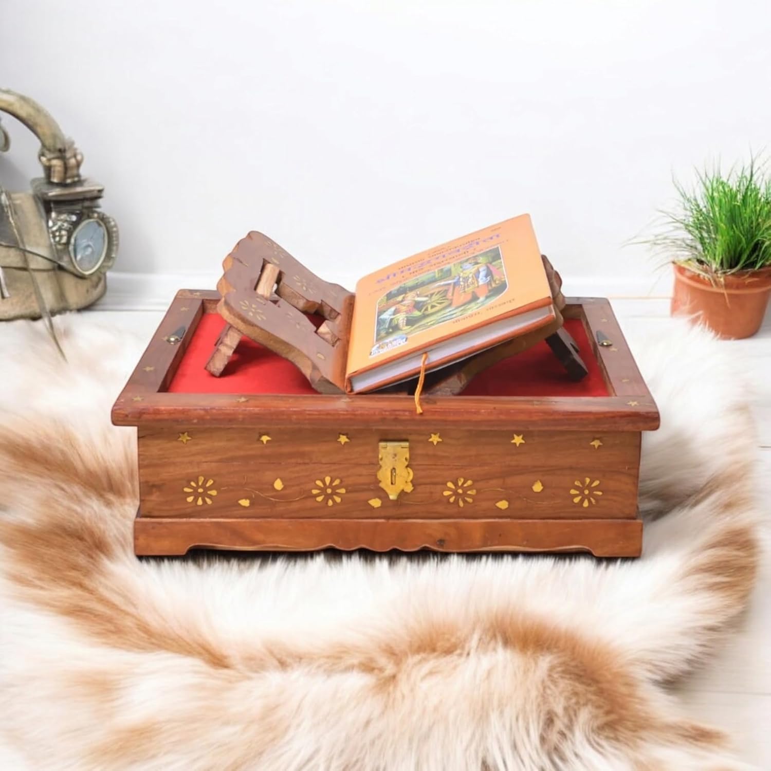 Wooden Puja Book Stand | Holy Book Storage Box with Red Velvet Lining & Hand-Carved Design | Ideal for Geeta, Quran, Granth Sahib-image-21