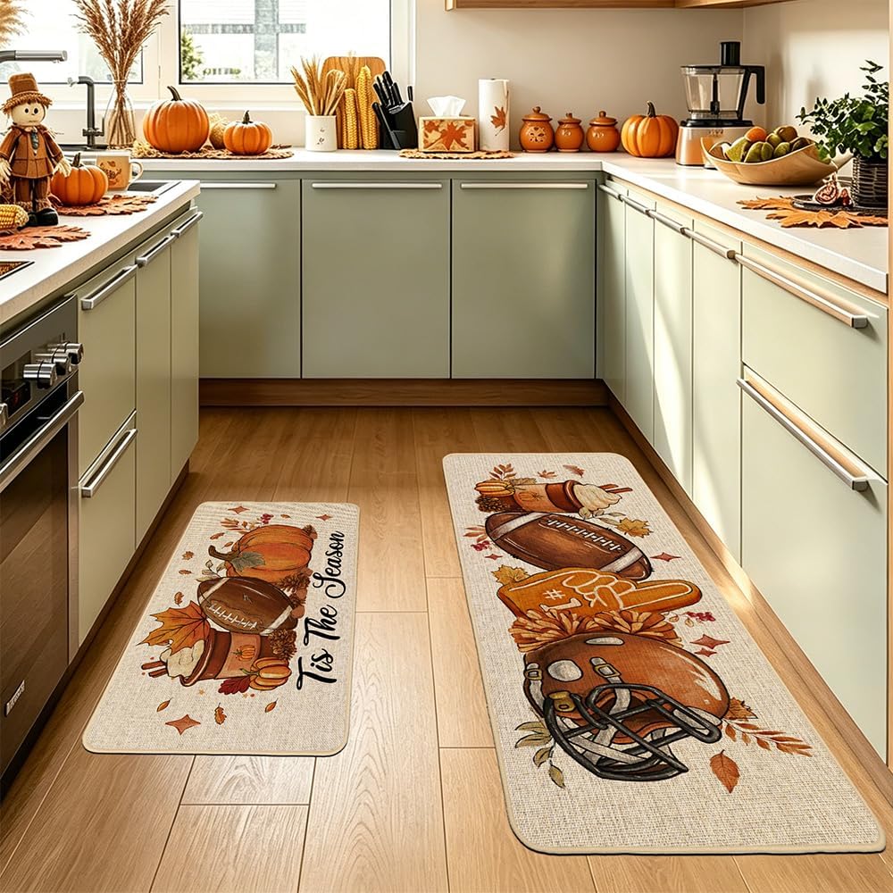 Baccessor Fall Pumpkin Kitchen Rugs Set of 2,Tis The Season Autumn Football Thanksgiving Farmhouse Mats Washable Non Slip Low-Profile Indoor Floor Holiday Hallway Sink Decor 17x29 and 17x47 Inch image 5