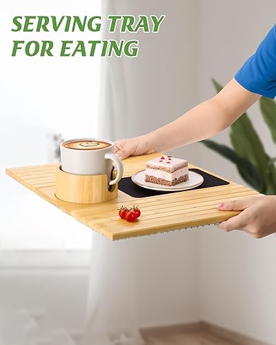 Miniatura 7 de Soporte para tazas de sofá, bandeja de brazo de sofá de bambú con soporte giratorio de 360, mesa de brazo plegable antideslizante para sofá, bandeja