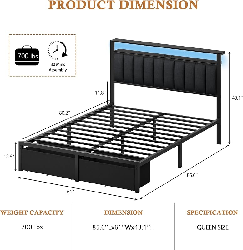 Furnulem Queen Bed Frame with Storage Drawers and Upholstered Headboard image 2