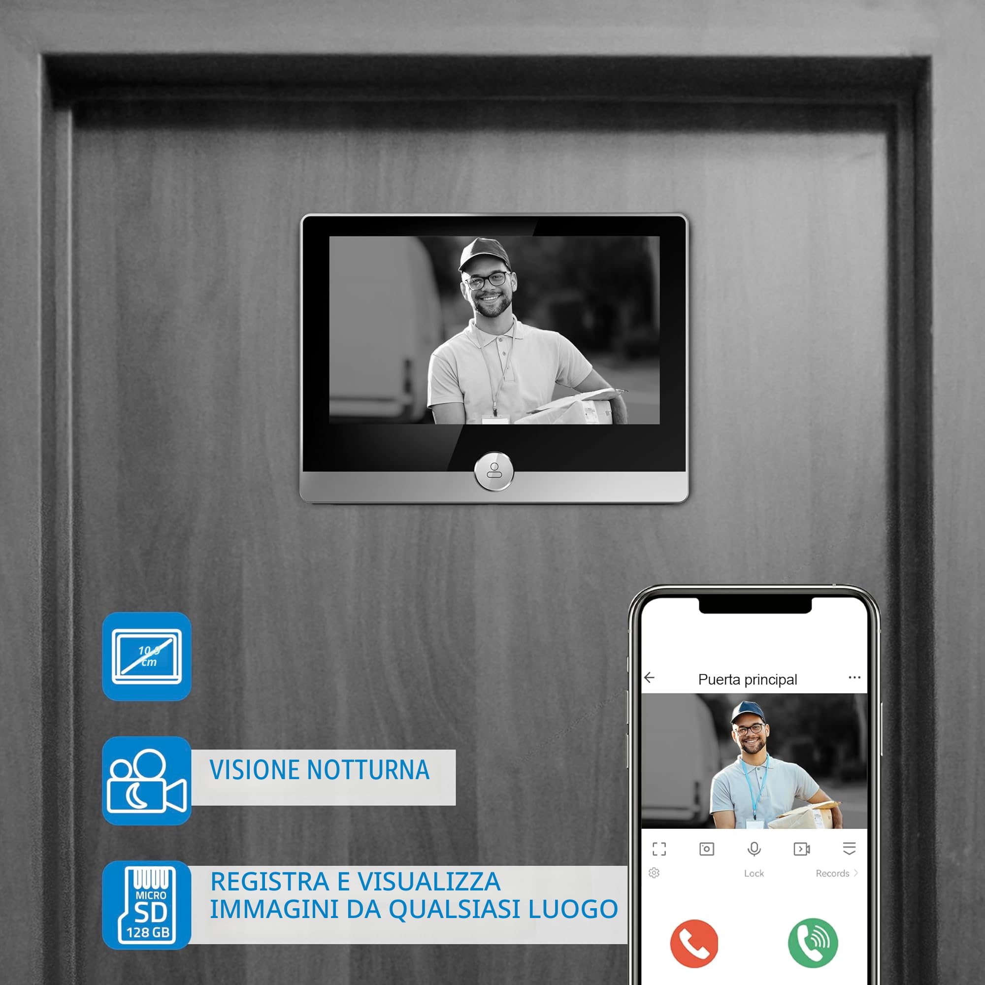 NIVIAN Spioncino Digitale WiFi - Videocamera Full HD con Batteria e Campanello, Audio Bidirezionale, Rilevamento PIR e Visione Notturna | App e Controllo da Smartphone