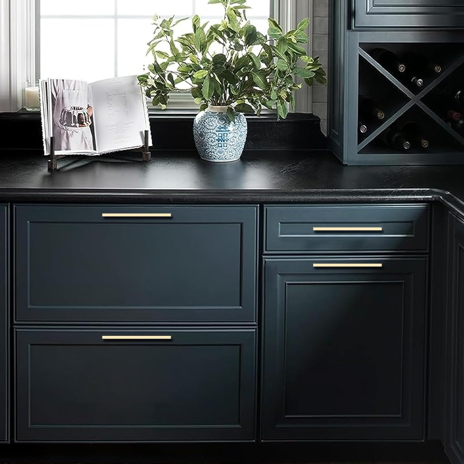 FILTA 10 Pack 6.3 Inch(160mm) Hole Centers Brushed Brass Cabinet Pulls,Stylish Kitchen Cabinet Handles Zinc Alloy Gold Cabinet Hardware for Cabinets Cupboard Handles Drawer Pulls