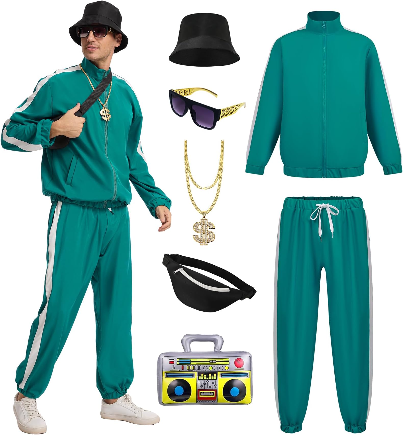 80s Outfit for Men 90s Track Suit with Hip Hop Costume Accessories Set for Halloween Themed Party