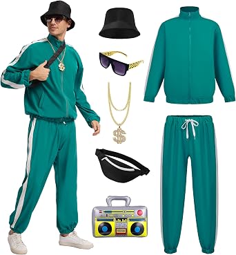 80s Outfit Mens 90s Retro Tracksuit with Hip Hop Clothing Accessory Set for Fancy Dress Disco Party