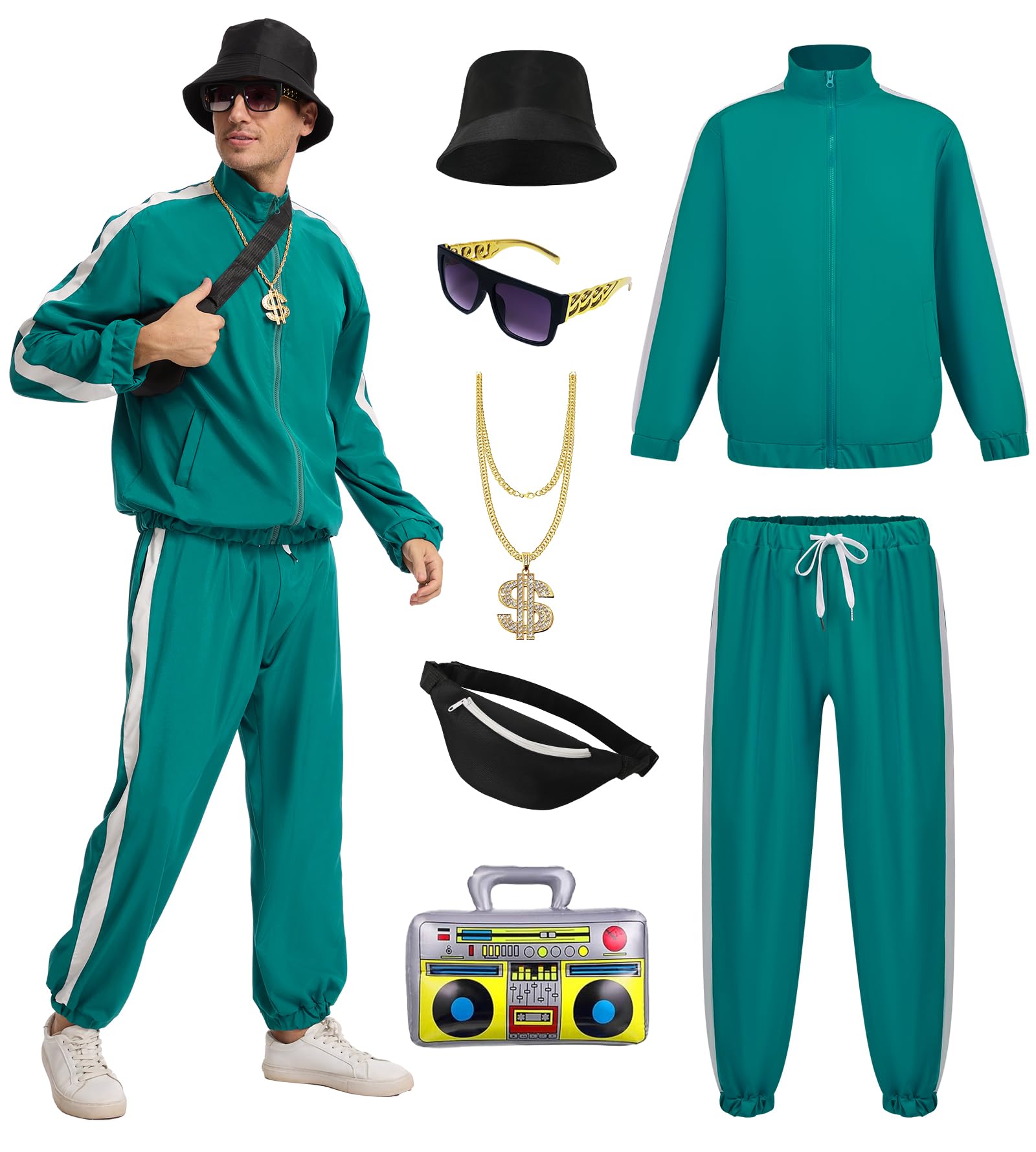 FSUJWOA 80s Outfit for Men 90s Track Suit with Hip Hop Costume Accessories Set for Halloween Themed Party (Green, S) — image 1