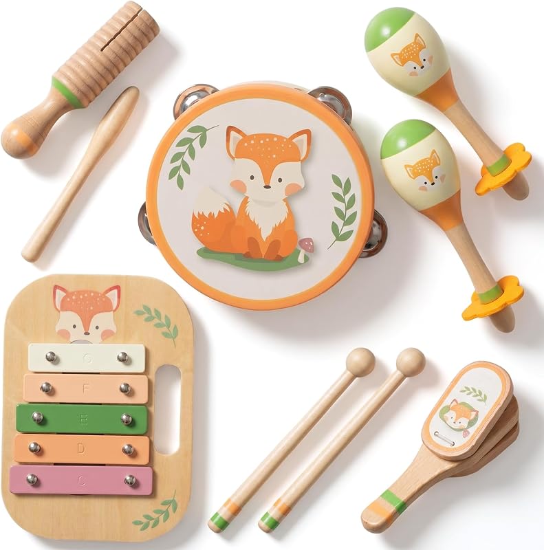 Wooden Musical Instruments Set for Toddlers 1-3, Montessori Toys | Natural Wood Percussion Instruments Xylophone Gift for Girls Boys Kids,Preschool Musical Toys with Storage Bag