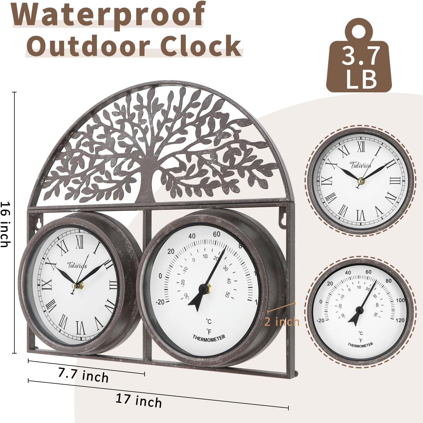 17Inch Large Outdoor Clock,Waterproof Wall Clock with Thermometer,Weatherproof Non-Ticking Quartz Battery Operated Decor Clock for Patio,Garden,Pool,Porch,House Warming Gifts