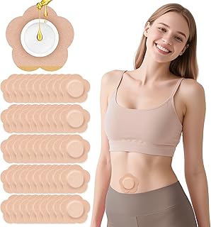 50PCS Castor Oil Patches, Castor Oil Pack Wraps Disposable Organic Cotton Self-Adhesive Pads for Belly Button, Anti Leakage Design, Breathable & Portable, No Wash (Beige)
