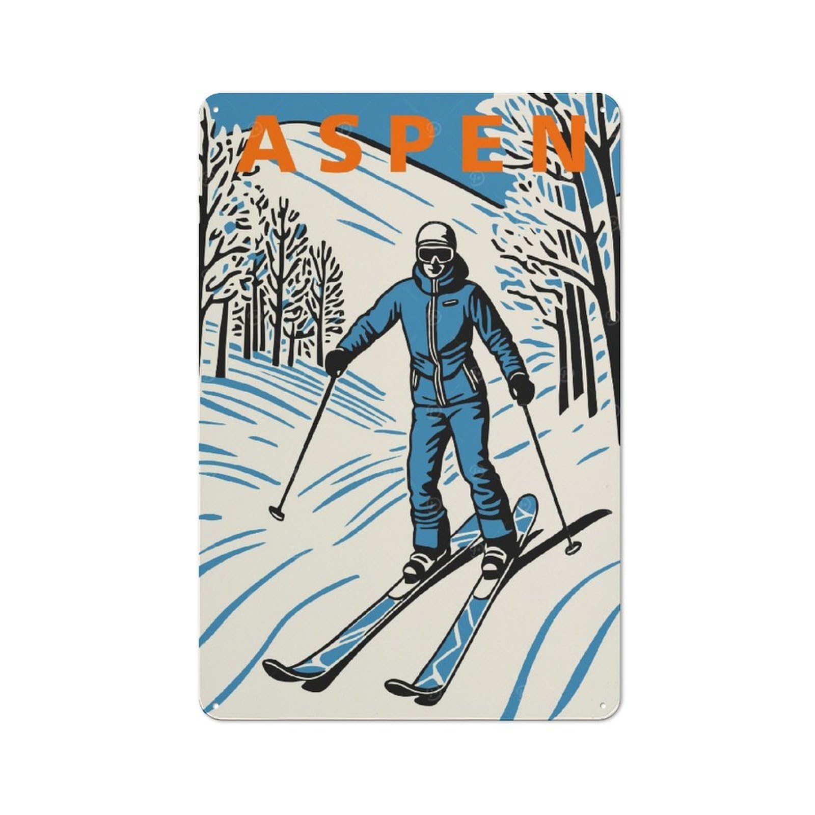 Junmoney Style-7 30X20cm Rustic Metal Wall Sign With Aspen Skiing For Living Room Wall, Metal Sign Decor For Living Rooms And Feature Walls