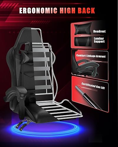 Miniatura 5 de Silla de juegos ergonómica, silla reclinable de altura ajustable, cómoda con reposacabezas y soporte lumbar, silla de juegos grande y alta para