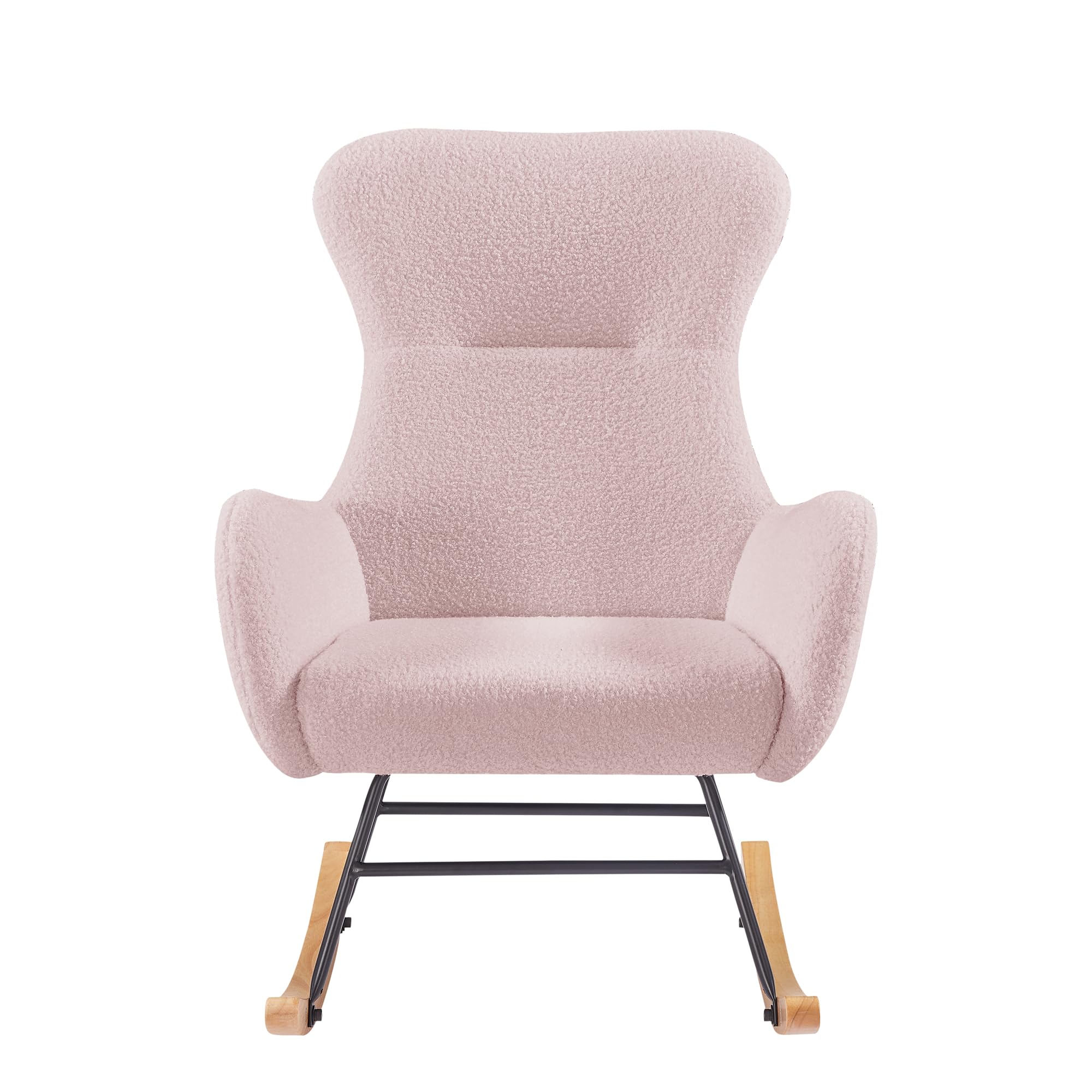 Recaceik Rocking Chair, Modern Teddy Fabric Rocker Glider Chair with High Backrest and Armrest, Living Room Chair Armchair, 2 Handy Pockets, Metal Frame, Wood Leg(Pink)