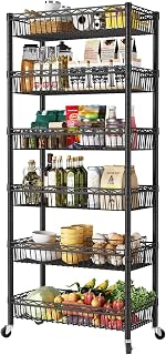 SINGAYE 6-Tier Adjustable Wire Basket Shelving Unit with Wheels - Heavy-Duty 13.5"D x 30"W x 65"H Black Storage Rack for Garage Kitchen Laundry