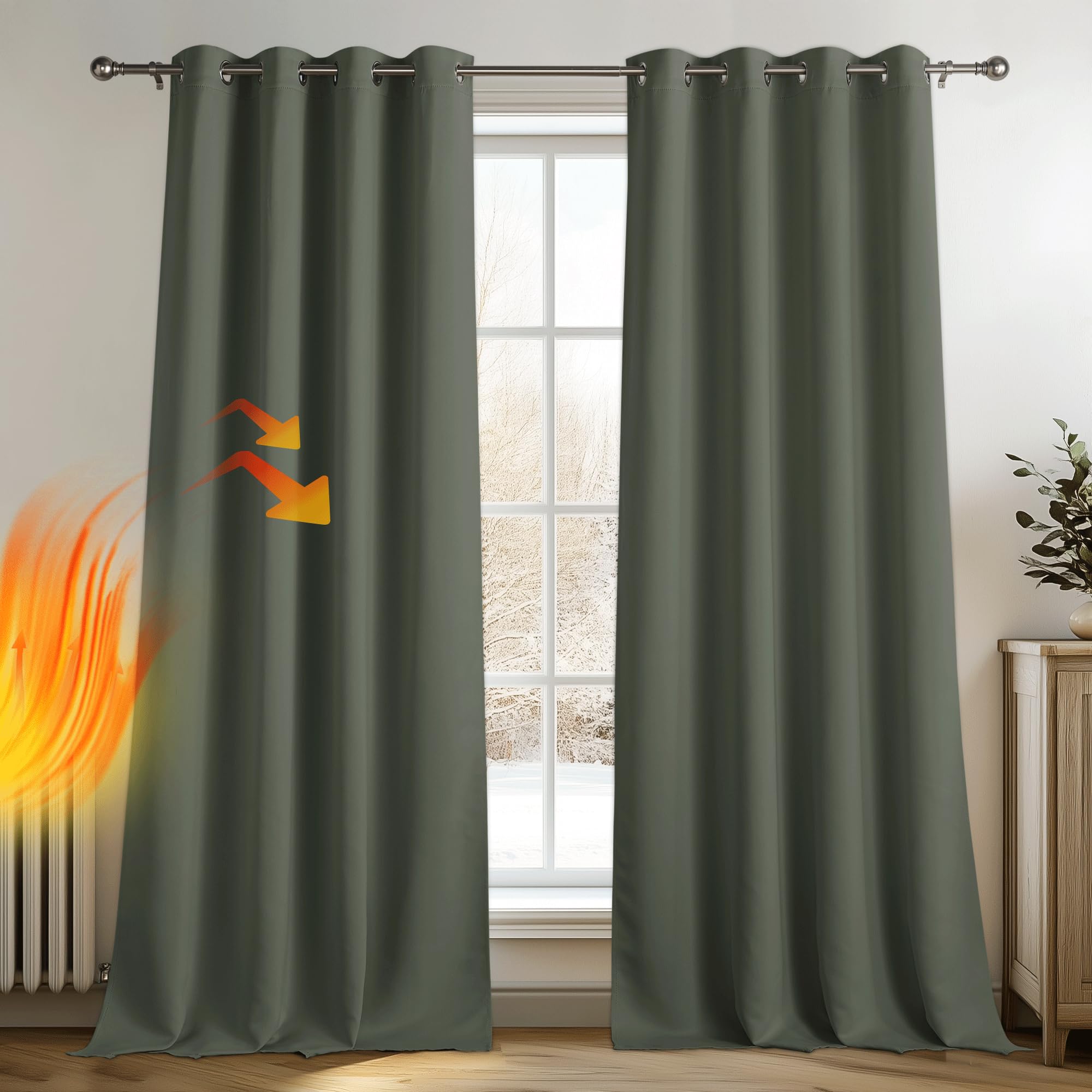 PONY DANCE Tenda Oscurante ad Anelli Tenda Termica Isolante Tende Oscuranti per Interni 2 Pezzi L 140 x A 260 cm Tende Soggiorno Tende Cameretta Bambini, Verde Grigiastro