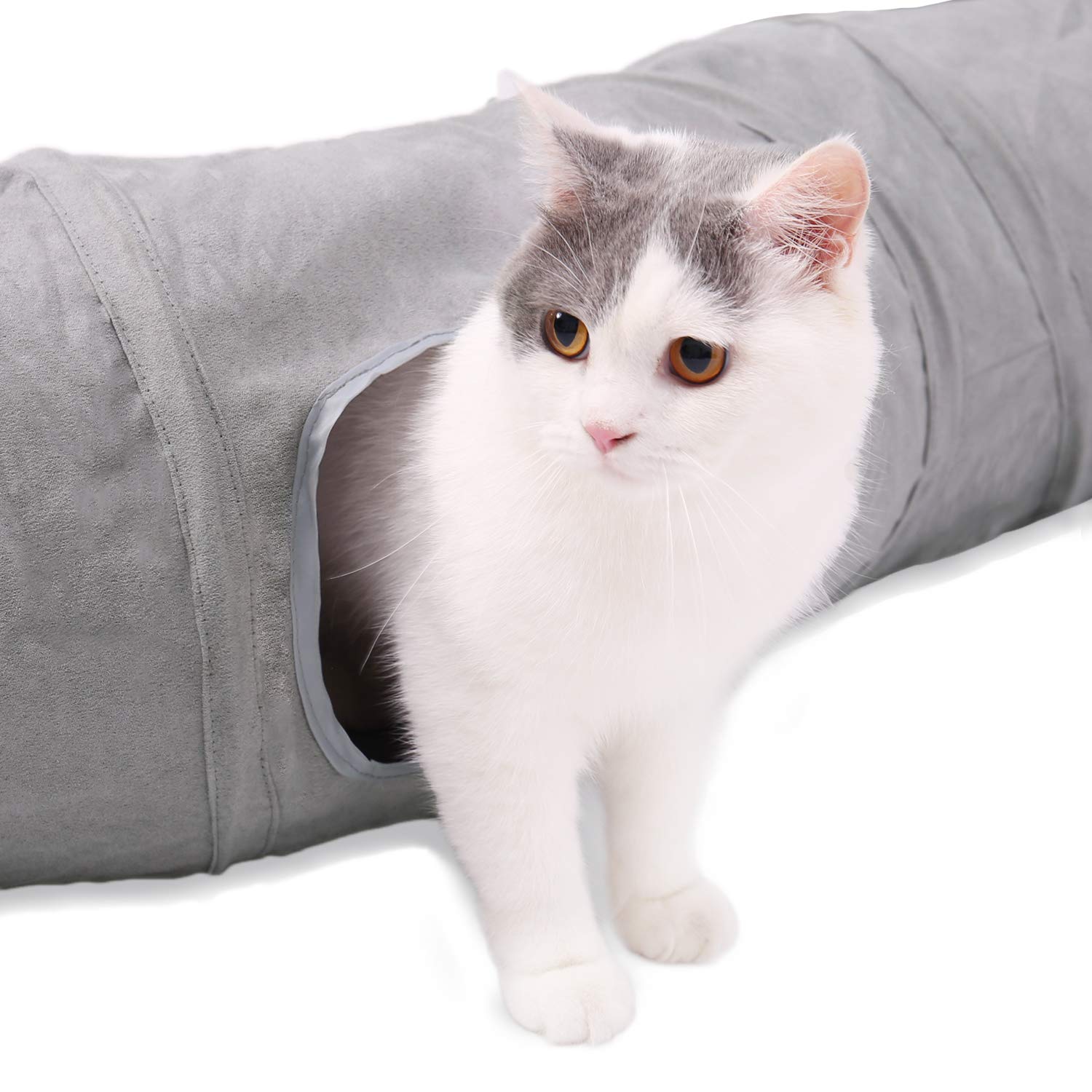 OHANA S Forme Jouet Tunnel pour Chat en Daim, Grand Tunnel a Chat Pliable avec 2 Trous et Boule Suspendue pour Chats Chatons Lapins Dia27 * 117cm