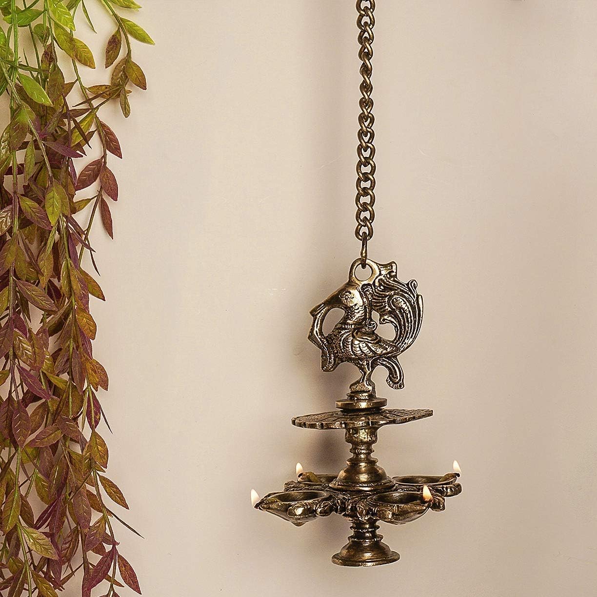 Aakrati Devyom Devyom Hanging Bird Diya mad in Brass with 4 Deepak- Antique Finish Home Decor Oil lamp