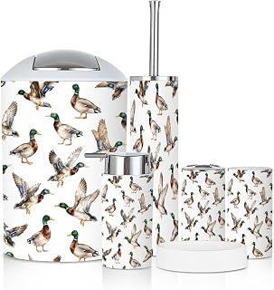 Bathroom Accessory Set 6PCS Mallard Birds Wild Ducks Drake White Watercolor Hand Painted Trash Can, Soap Dispenser, Toothbrush Holder, Toothbrush Cup, Toilet Brush Holder, Soap Dish for Gift