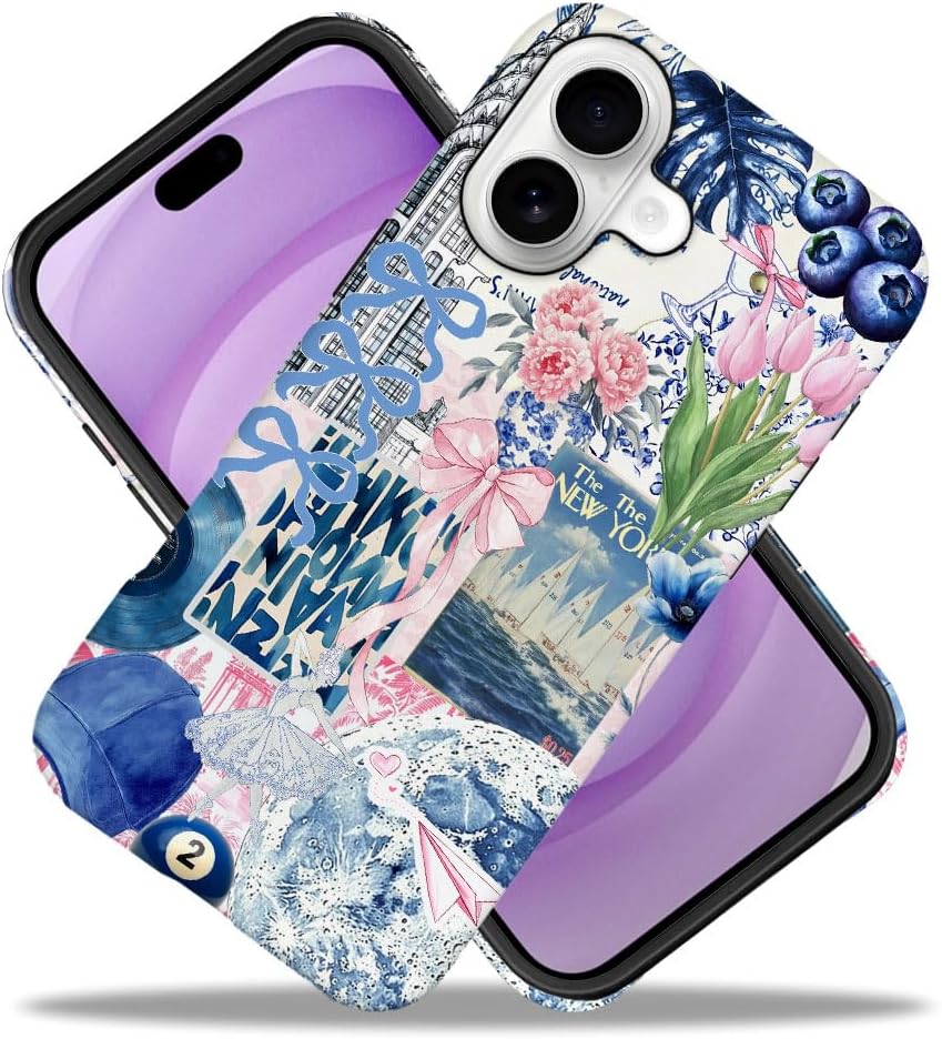 DAIZAG Case Compatible with iPhone 17,Fit Shockproof Cover for Women Girls,Collage Tulip Lotus Flower Bow Blue image 2