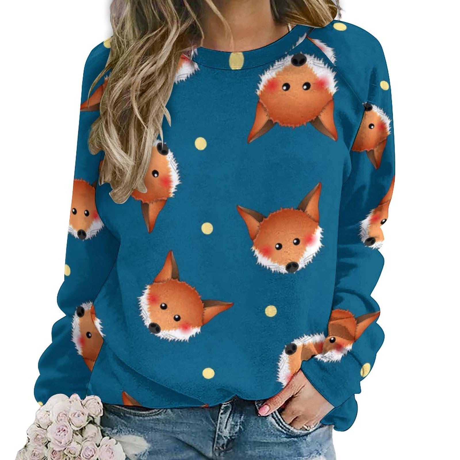 Qjjinxior Women's Cute Red Fox Casual Jumper, Sweatshirts For Crewneck Long Sleeve Top
