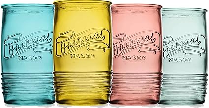 Set Of 4 Original Mason 20oz. Highball Collins Glasses By Glasses Assorted Colored Drinking Glasses For Juice Smoothies Cocktails Fine Beverage Glass Cups