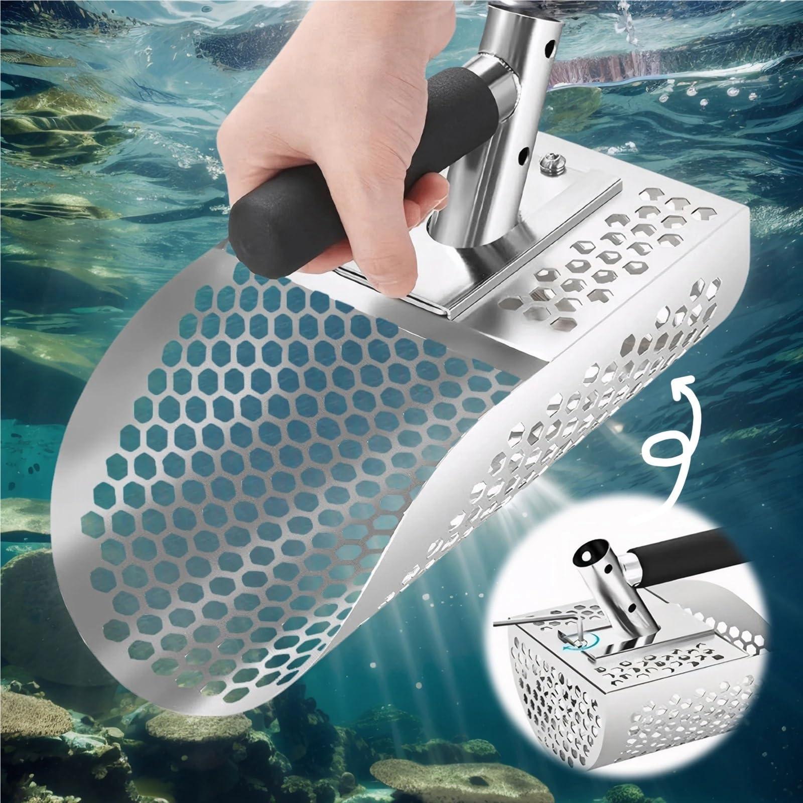 Rastrillo per pulci di sabbia Paletta for sabbia in acciaio inossidabile 2 in 1, pala multifunzione for metal detector, antiscivolo for setacciatura rapida