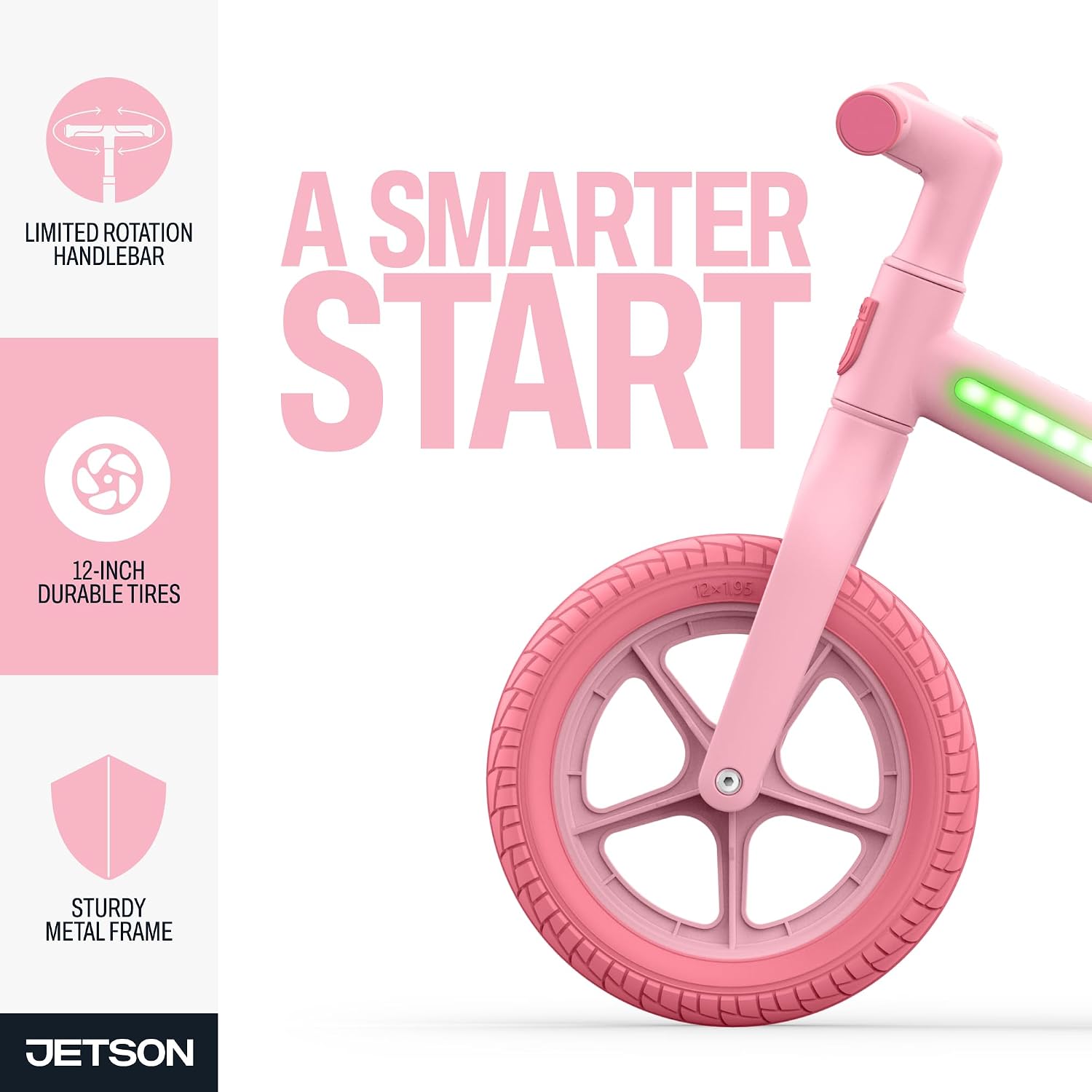 Jetson Light Rider Jr. Light-Up Balance Bike, Lightweight Kids’ Balance Bicycle with Safe Steering Limit, 32 Colorful LED Modes, Adjustable Seat, 12-Inch Wheels, Ages 2–5, (Pink)