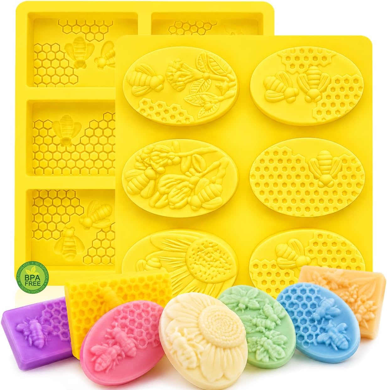 2 Pack 6 Cavity Bee Honeycomb Design, Rectangle & Oval Non-Stick Flexible Silicone Soap Molds for Soap, Wax Melts, Beeswax, Chocolate, Candle & Craft Making