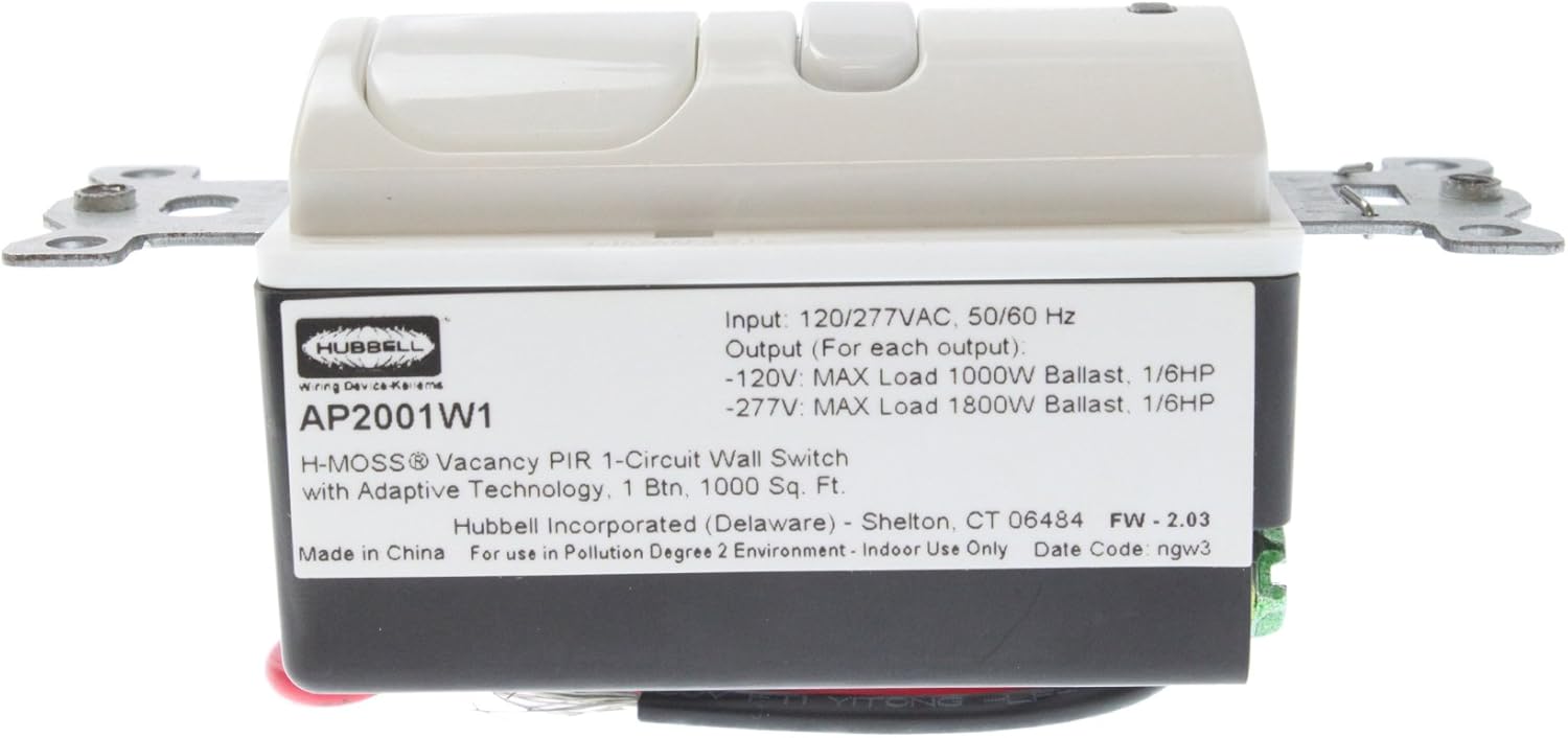 Hubbell AP2001W1 Auto/Off Vacancy Sensor Wall Switch, 120/277V, 1800-Watt, White