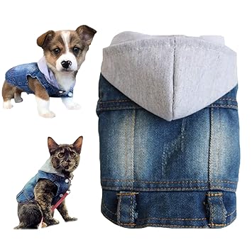 Tengzhi Denim Dog Clothes Hoodies for Small Dogs French Bulldog Hooded Sweatshirt Puppy Clothes Dog Vest (S, Gray Hat)