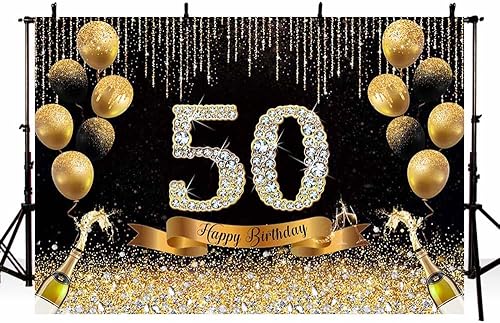 Telón de fondo de 50 cumpleaños negro y dorado de 7 x 50 pies, con texto en inglés "Cheers to 50", fondo de fotografía de aniversario para mujer,