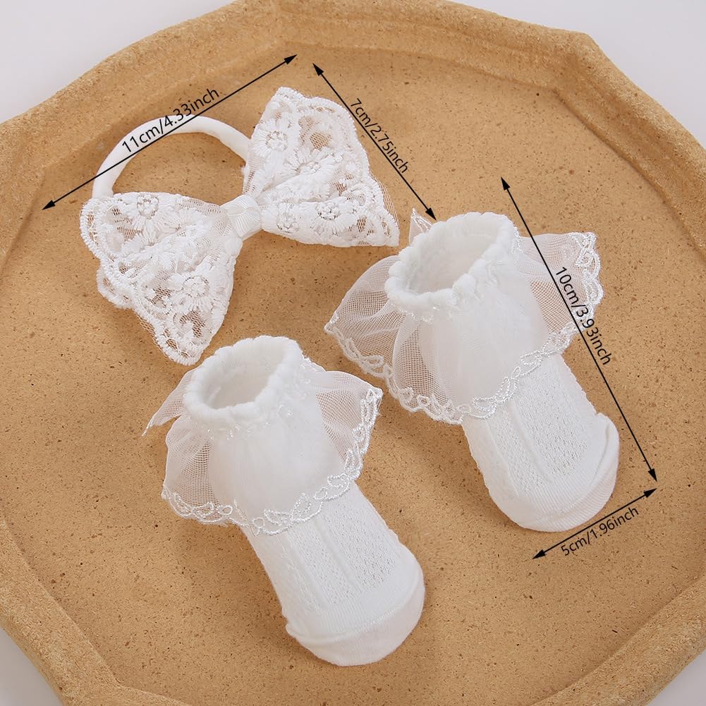 Baby Lace Bow Headband and Sock Set, Toddler Infant Cotton Socks Baptism Headband White Christening Headbands TSFD57 image 2