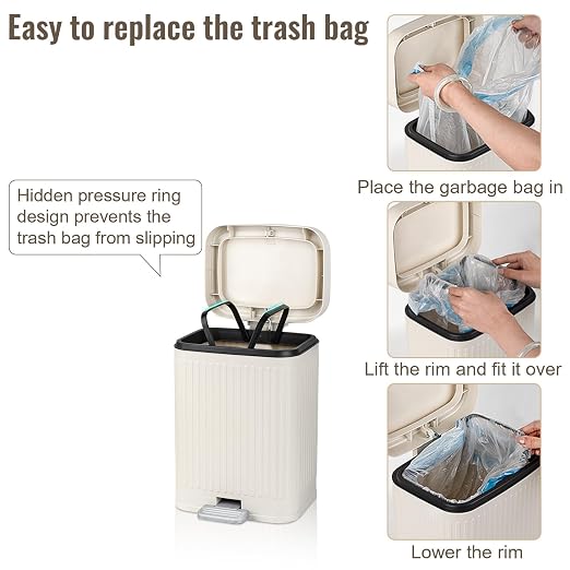 rejomiik Small Bathroom Trash Can with Lid 2.1 Gallon Soft Close Step Slim Garbage Can Waste Bin for Office, Bedroom, Kitchen, Cream miniatura 5