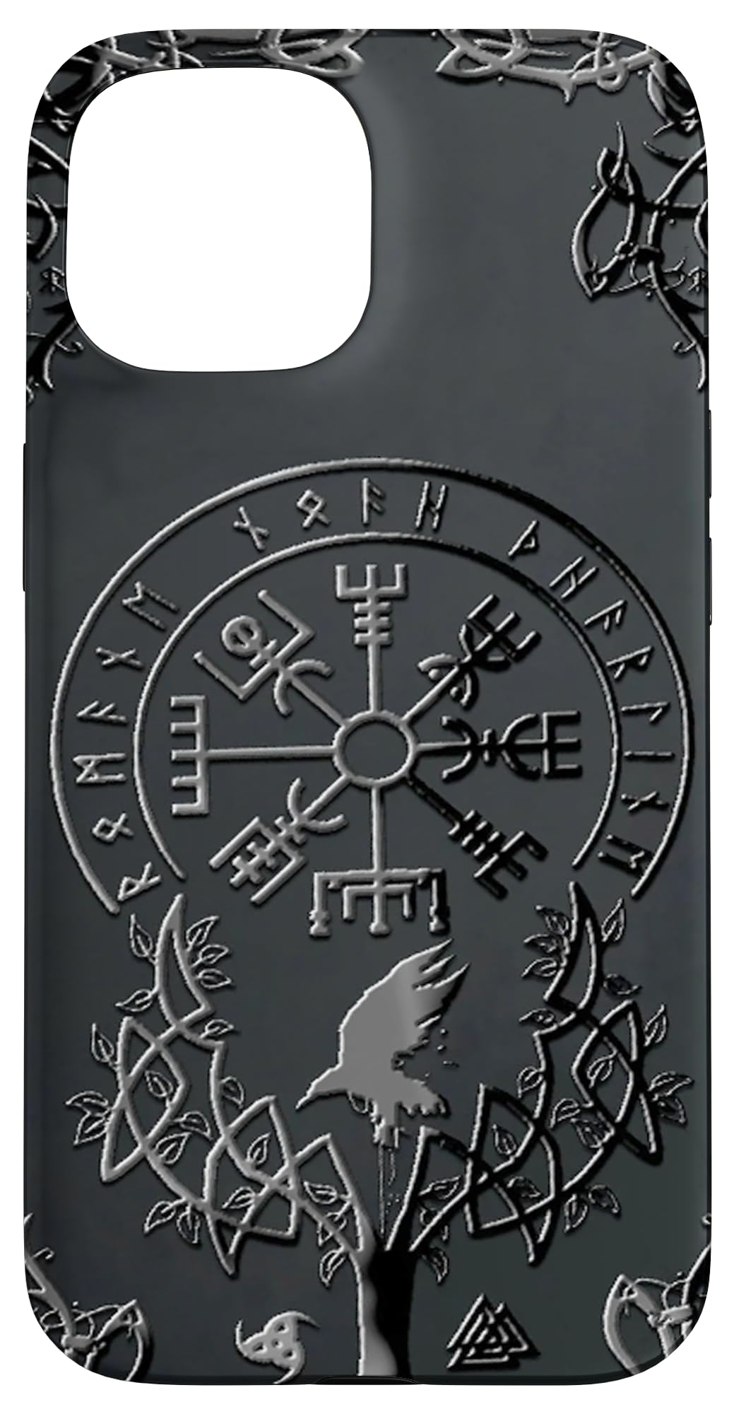 Glossy Embossed Viking's Compass Raven Tree of Life Norse Case for iPhone 15