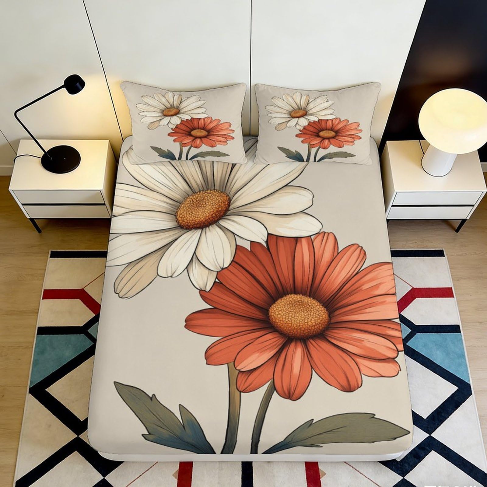 3D Printed Daisy Blossom Fitted Sheet Microfiber Soft Orange Flower Mattress Cover for Bedroom Guest Room Decor 90x200x25cm
