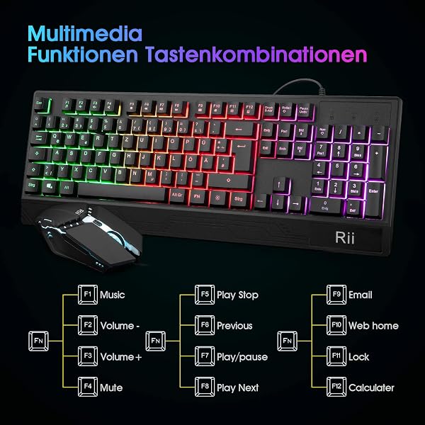 Rii Gaming Tastatur und Maus Set, Maus und Tastatur, RGB Hintergrundbeleuchtung QWERTZ (DE-Layout), Regenbogen Farben Beleuchtete USB Wasserdicht Tastatur und Maus mit 3200 für Pro PC Gamer - 3