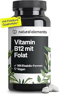 natural elements Vitamin B12 – 180 vegane Tabletten für 6 Monate – 500µg Vit B12 und 200µg Folsäure pro Tagesdosis – hochdosiert, ohne unnötige Zusätze – in Deutschland produziert & laborgeprüft