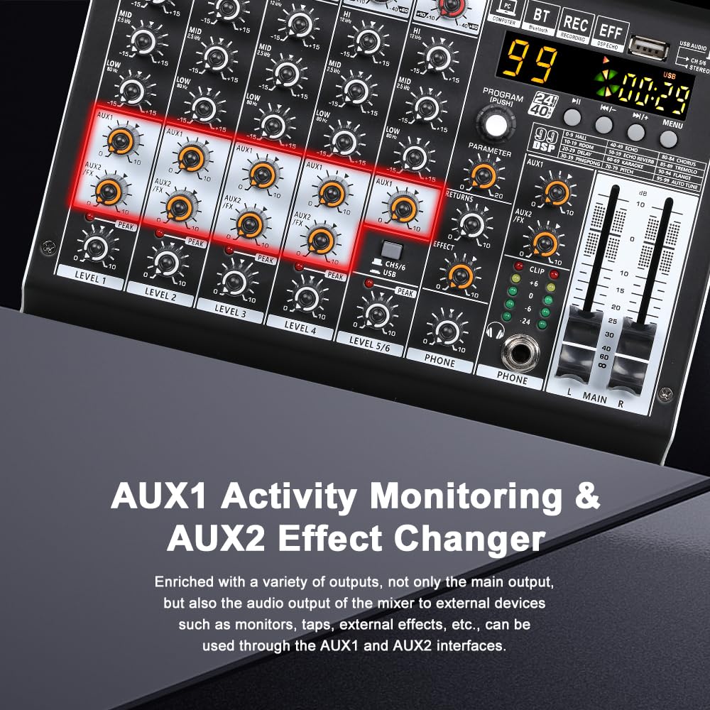BOMGE Mixer audio professionale a 6 canali console di mixaggio con 99 effetti DSP, +48 V Phantom, Bluetooth, interfaccia USB.2 processore AUX.FX per registrazione in studio e spettacoli dal vivo