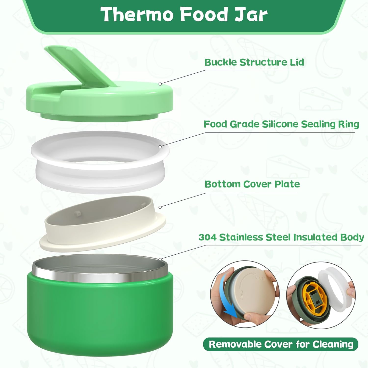 Kids Bento Lunch Box with 8oz Soup Thermo, Kids Leakproof Lunch Food Containers with 4 Compartment,Insulated Hot Food Jar with Lunch Bag for School, Travel (Green) - Image 4