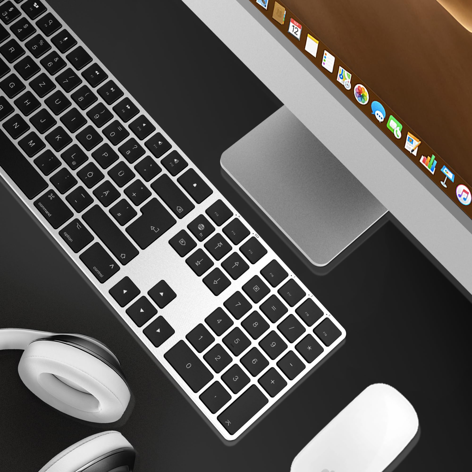 Bluetooth Aluminium Wireless Tastatur für Mac, Low-Profile und leise Tasten für Multi-Device Kompatibel mit Apple iMac, MacBook, Mac und iPad, wiederaufladbarer Akku, Silber Schwarz - KB-K2-SV-DE