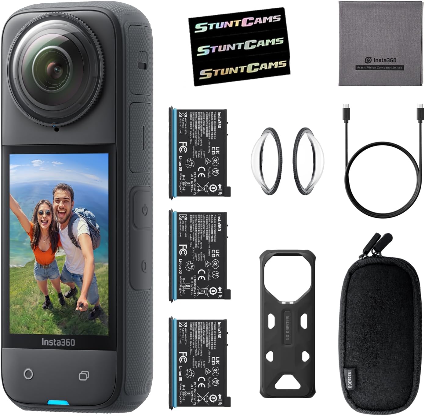 Insta360 X4 - Waterproof 8K 360 Action Helmet Camera with 2 Extra Batteries, 4K Wide-Angle Video, Invisible Selfie Stick Effect, Removable Lens Guards, Sports, Content, Travel, Outdoor Creator