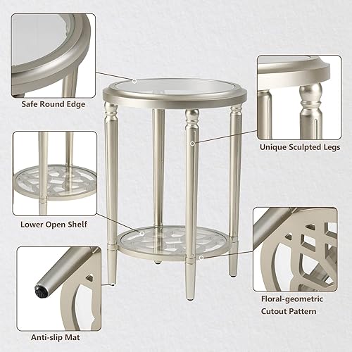 Miniatura 7 de COSIEST Mesa auxiliar redonda, mesa auxiliar de cristal con marco de madera, mesita de noche dorada champán con estilo moderno para sala de estar,