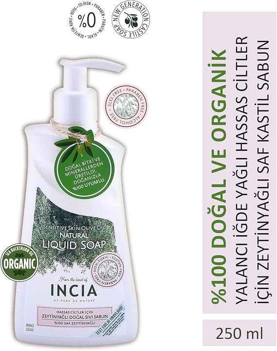 INCIA 100% Natural Liquid Castile Soap 10 Vegetable Precious Oil Vegan 250 ml with Olive Oil for Sensitive Skin